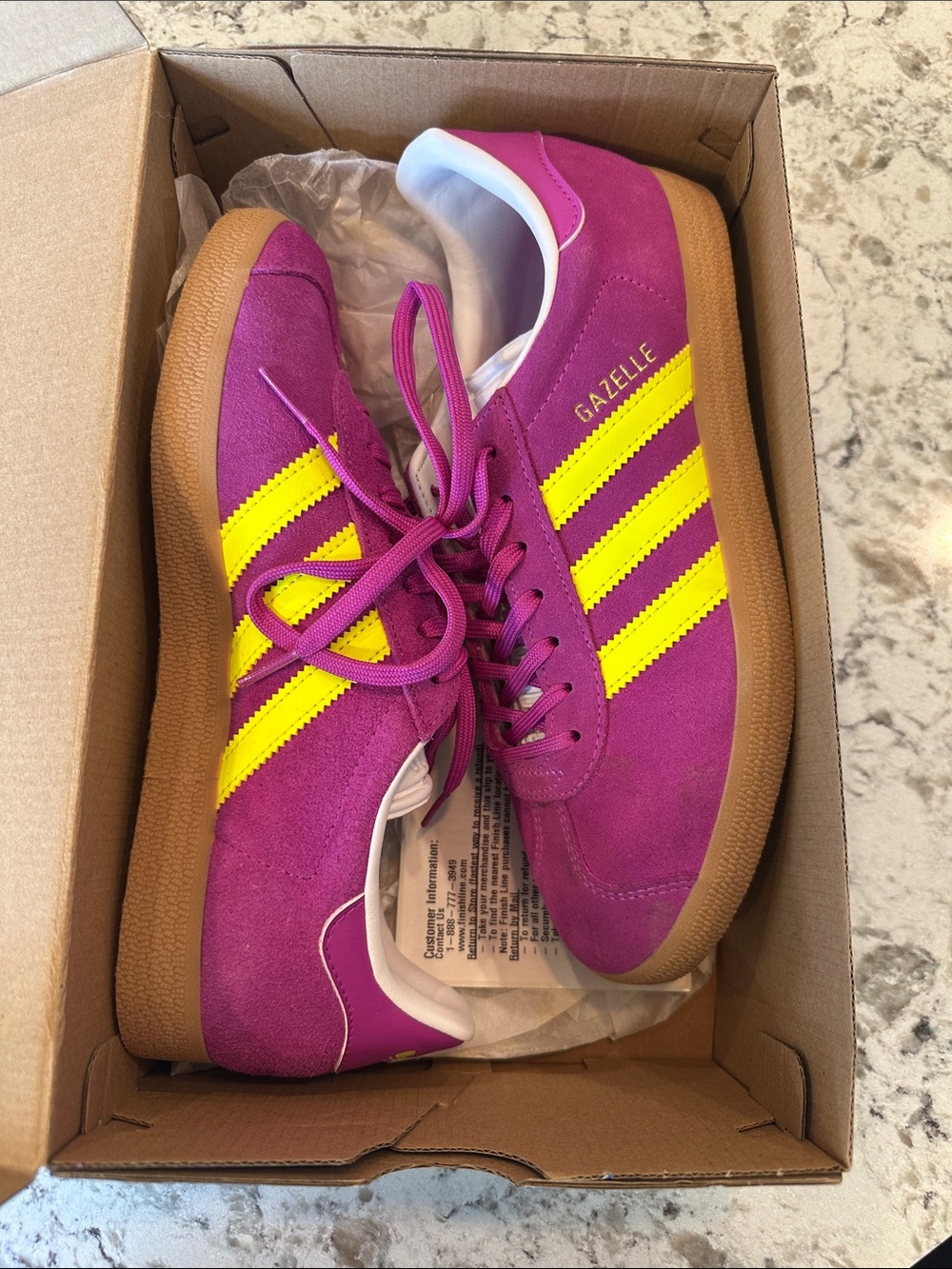 NWT Womenโs Adidas Gazelle Sneakers in purple burst & solar yellow. Size 8.5